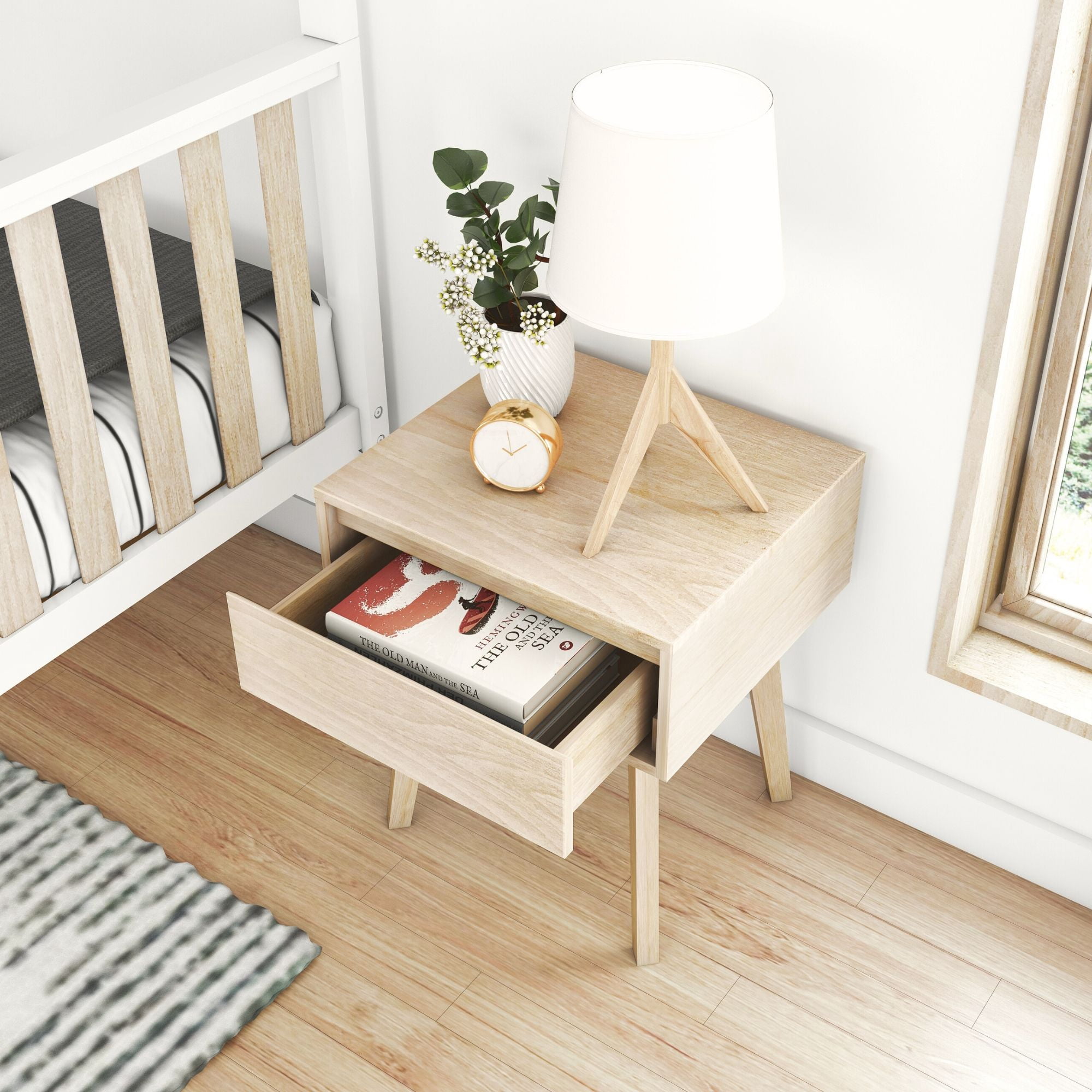 Plank+Beam Solid Wood Nightstand with Storage Drawer, Modern Small End Table, Blonde