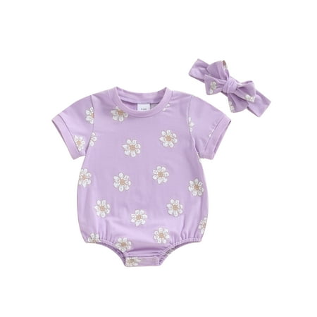 

Niceyoeuk Baby Girls Rompers Floral Round Neck Bodysuits with Headband