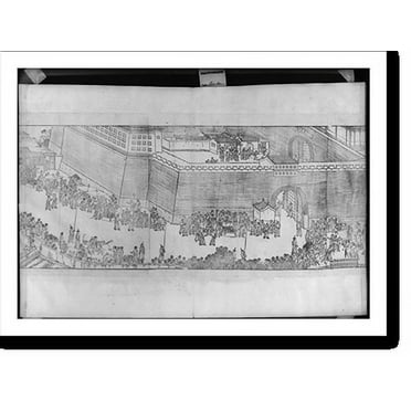 Historic Print, [Section of gigantic panoramic wood engraving of the 60th birthday celebration of Chinese emperor Kang-Hi in 1713: vendors along city wall with gate], 16" x 20"