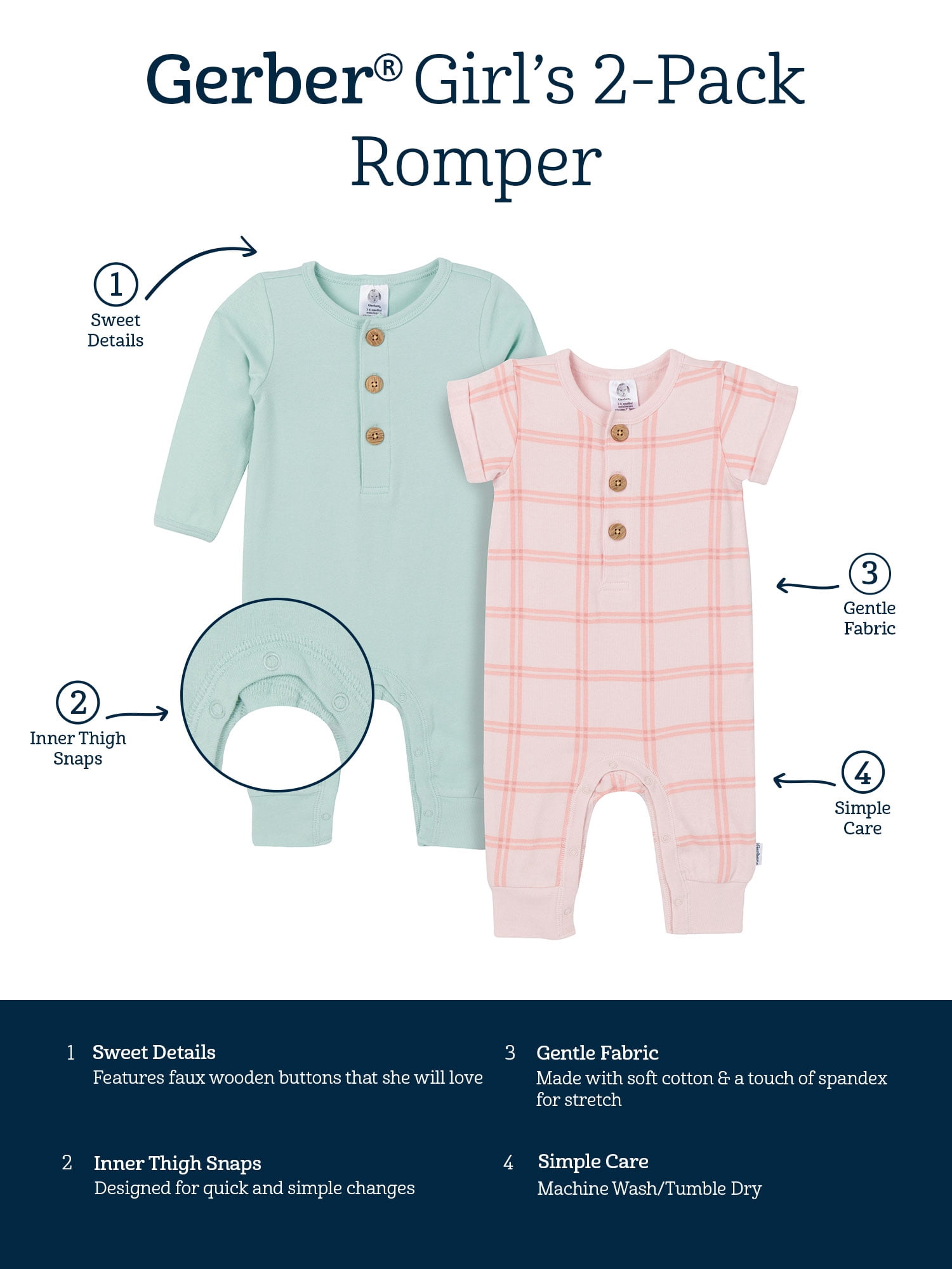 Gerber Baby Neutral Rompers, 2-Pack, Sizes Newborn - 24 Months