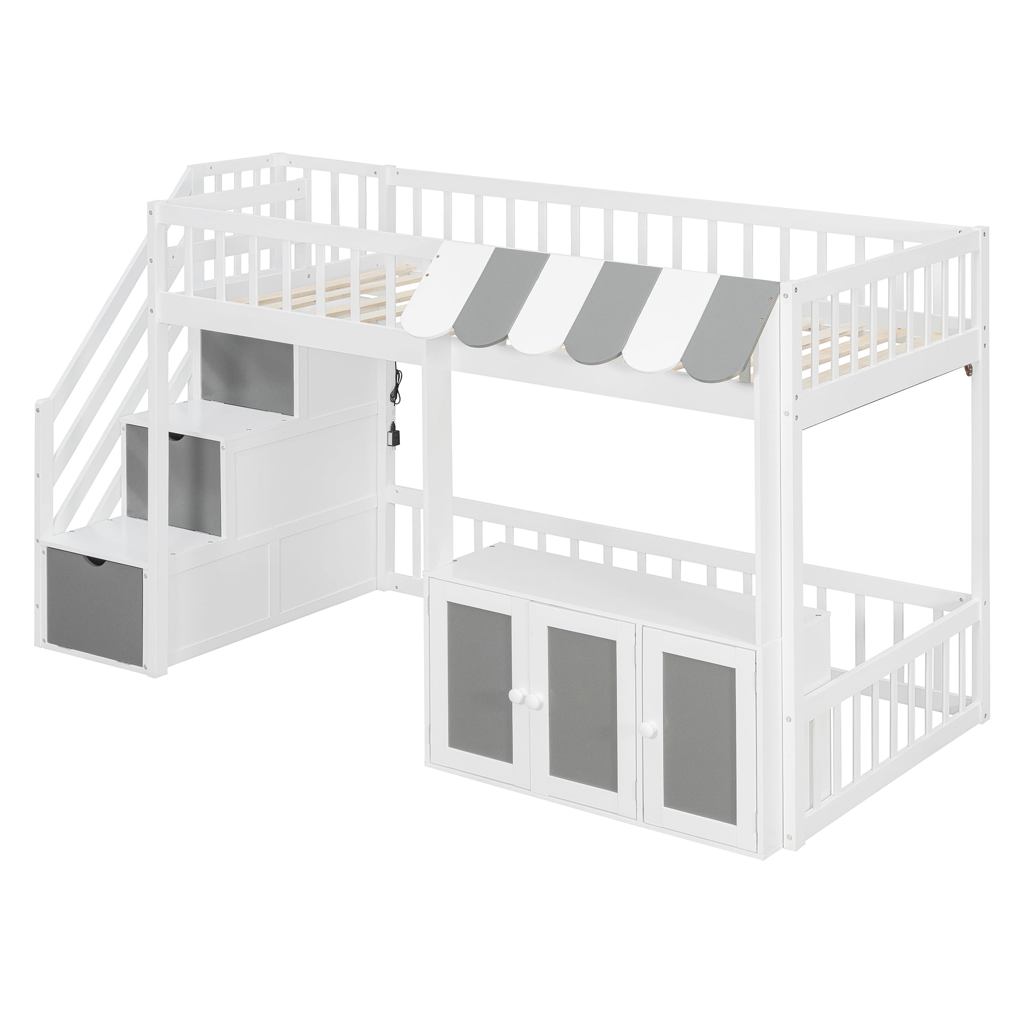 Mintazer Twin Size Loft Bed with Play Storefront & LED Lights, Kids Loft Bed with Guardrail and Storage Staircase & Cabinet for Bedroom, White & Gray
