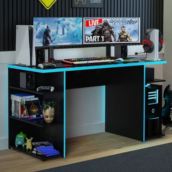 Open Box Madesa Large Modern Gaming Computer Desk 53 Inch with 5 Shelves Cable Management Student Study Wooden Table Home Office Gamer Desk for Kids and Adults - Black/Blue