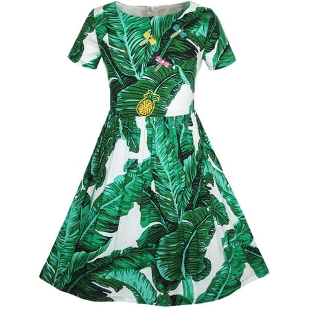 Sunny Fashion - Girls Dress Green Leaf Print Pineapple Dragonfly ...