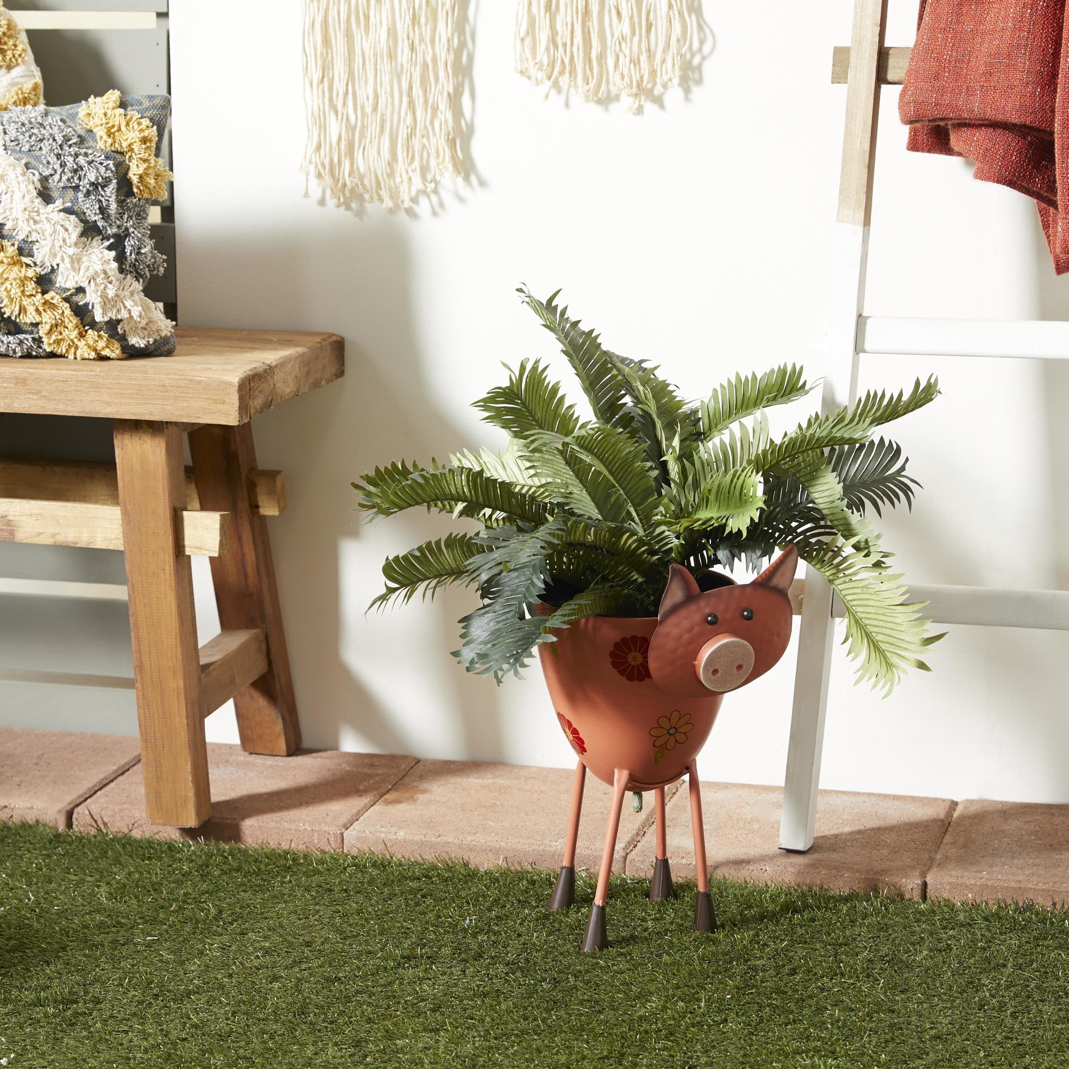 DecMode Pink Metal Pig Indoor Outdoor Planter with Floral Accents, 8" x 14" x 16"