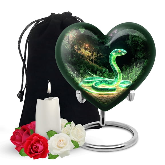 Yatskia Green Snake at Forest Large Cremation Urns for Human Ashes Adult Mother and Father, Decorative Memorial Urn for Ashes Adult Male, (Heart Large, 8 Inch)