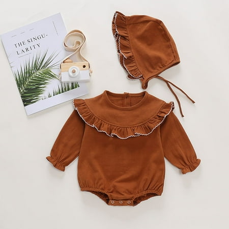 

THE WILD Toddler Girls Ruched Ruffles Solid Romper Bodysuit Hat Clothes