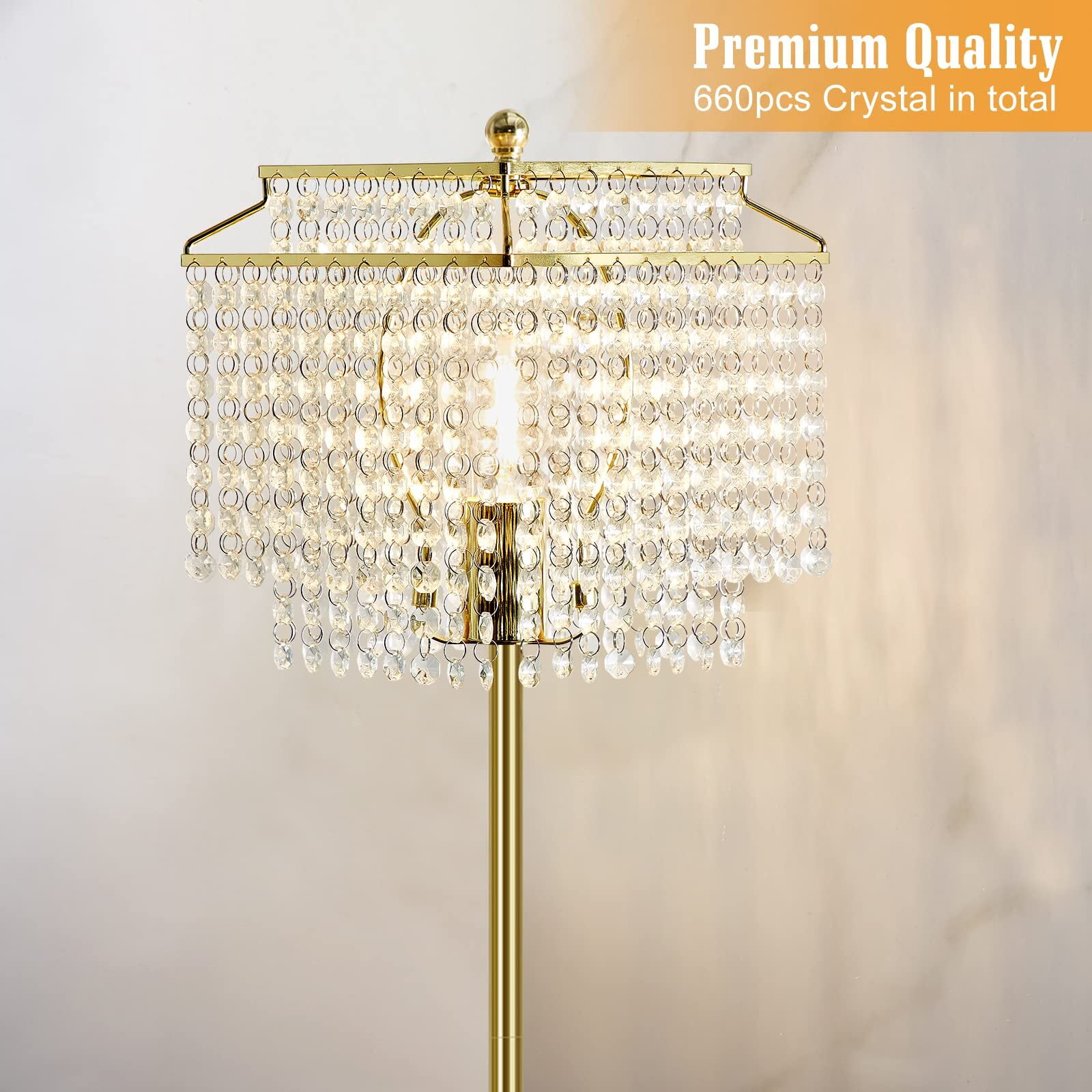 NATYSWAN Gold Crystal Floor Lamp , Modern Standing Lamps with Double-Layer Lampshade, on-off Foot Switch, for Living Room, Bedroom, Office, 8W Bulb Included