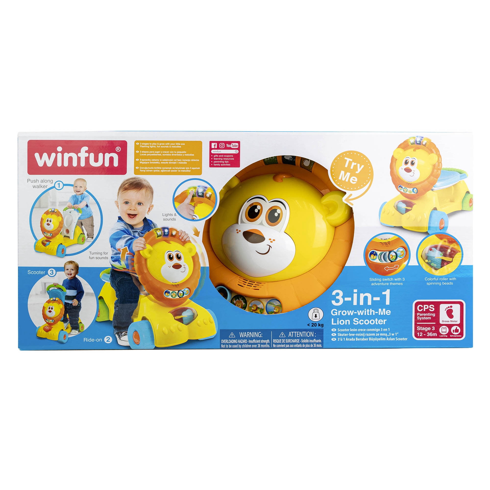 Winfun: 3-In-1 Grow-With-Me Lion Scooter - Lights & Sounds, 3 Modes: Walker - Scooter - Foot-To-Floor Ride On, Developmental Toy, Toddlers Ages 12mo+
