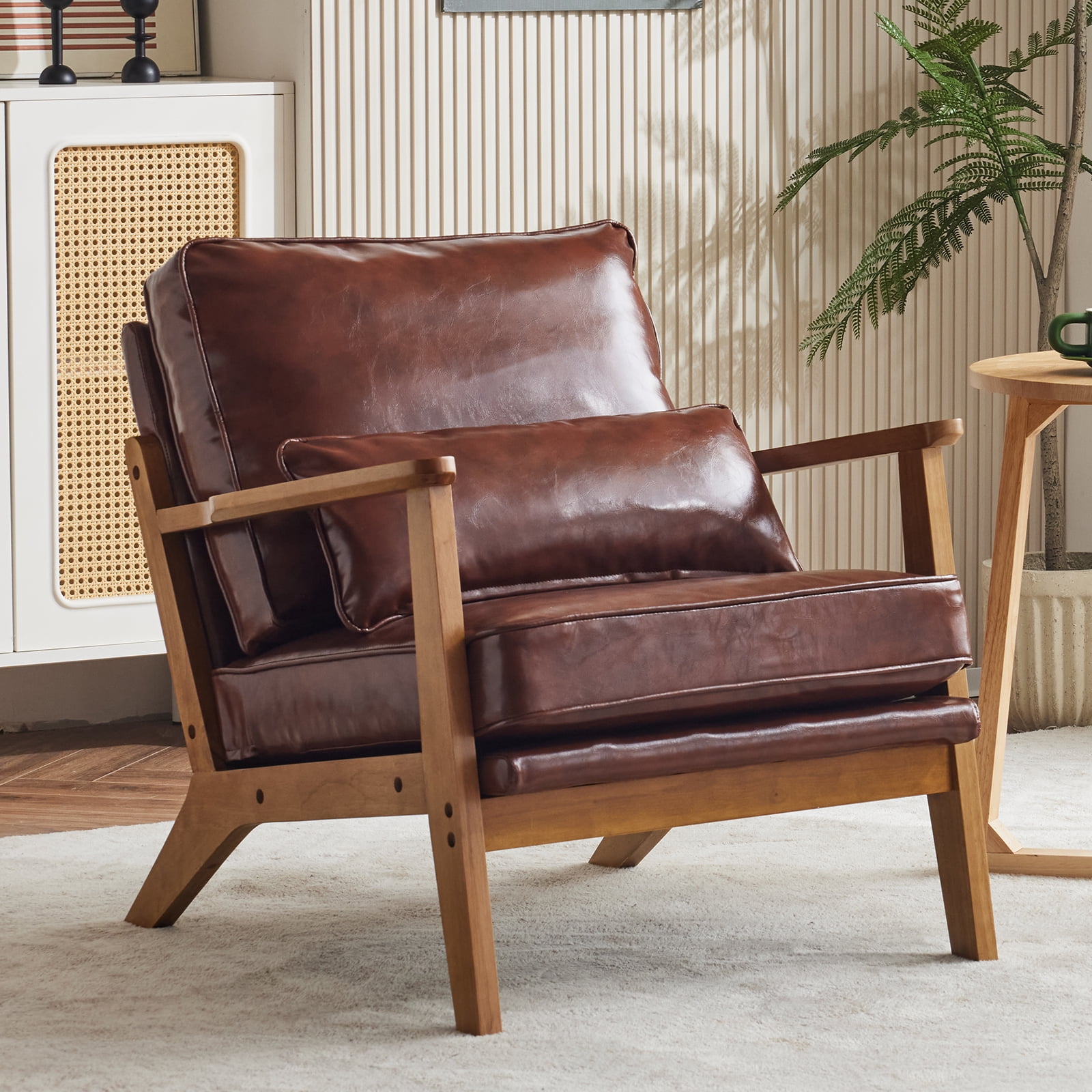 Ktaxon Accent Chair PU Upholstered Armchair, Reading Club Chair with Pillow for Living Room Bedroom Furniture Brown