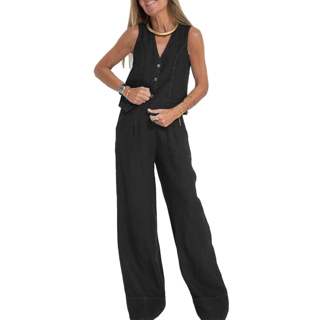 Pavied Two Piece Sets,Lounge Sets,2 Outfits Cotton Linen Button Down Shirt Vest Tank Tops And Wide Leg Pants Set Tracksuit,Matching Sets,Womens Sweatshirt,Tracksuit for Women,Fall Outfits,Black S