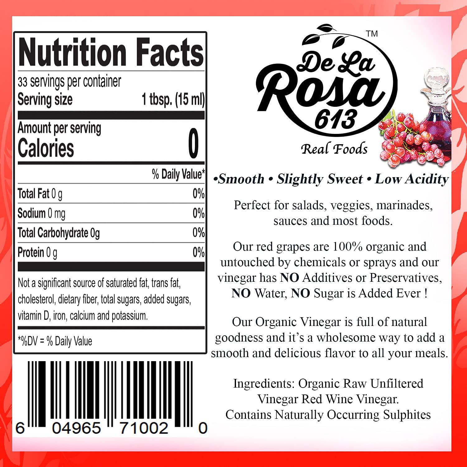 De La Rosa 613 Organic Red & White Wine Vinegar, 16.9 Oz, Pack of 2