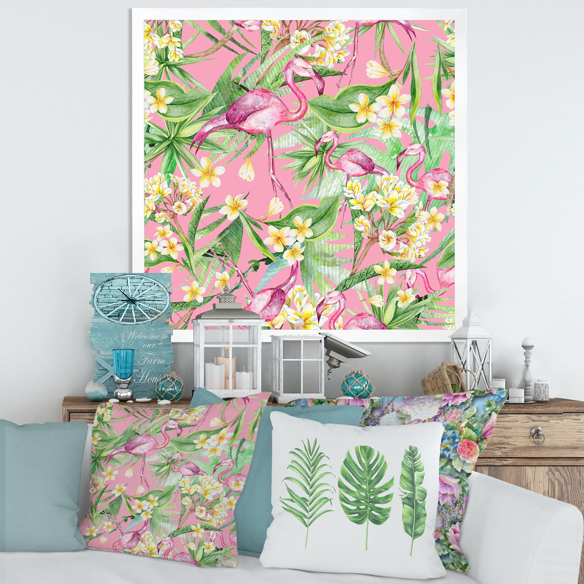 Designart 'Yellow Flowers, Tropical Foliage With Flamingo III' Modern Framed Art Print