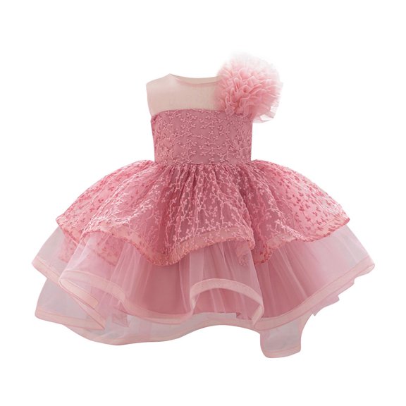 AINIYS Girls Short Sleeve Tulle Princess Dress With Crew Neck And Hidden Back Zipper Flowy Skirt For Costume Party And Playtime Pink 18 Months