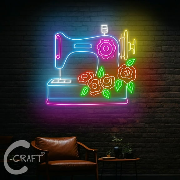 C-CRAFT Flowers Sewing Machine Neon Led Light Up 25 inch for Clothing Tailor Shop Wall Decor