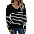 thumbnail image 3 of Women Knit Sweater Casual V Neck Striped Print Loose Pullover Long Sleeve Sweater Tops Black XL, 3 of 9