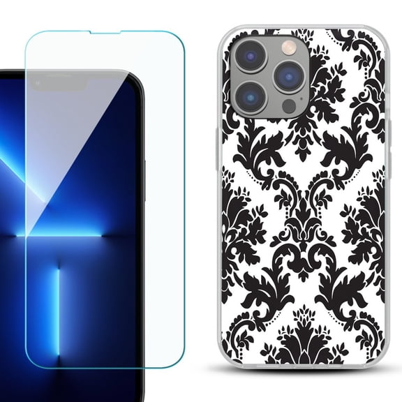 Slim-Fit Gel TPU Phone Case for iPhone 14 Pro Max, with Tempered Glass Screen Protector, by OneToughShield ® - Victorian White/Black
