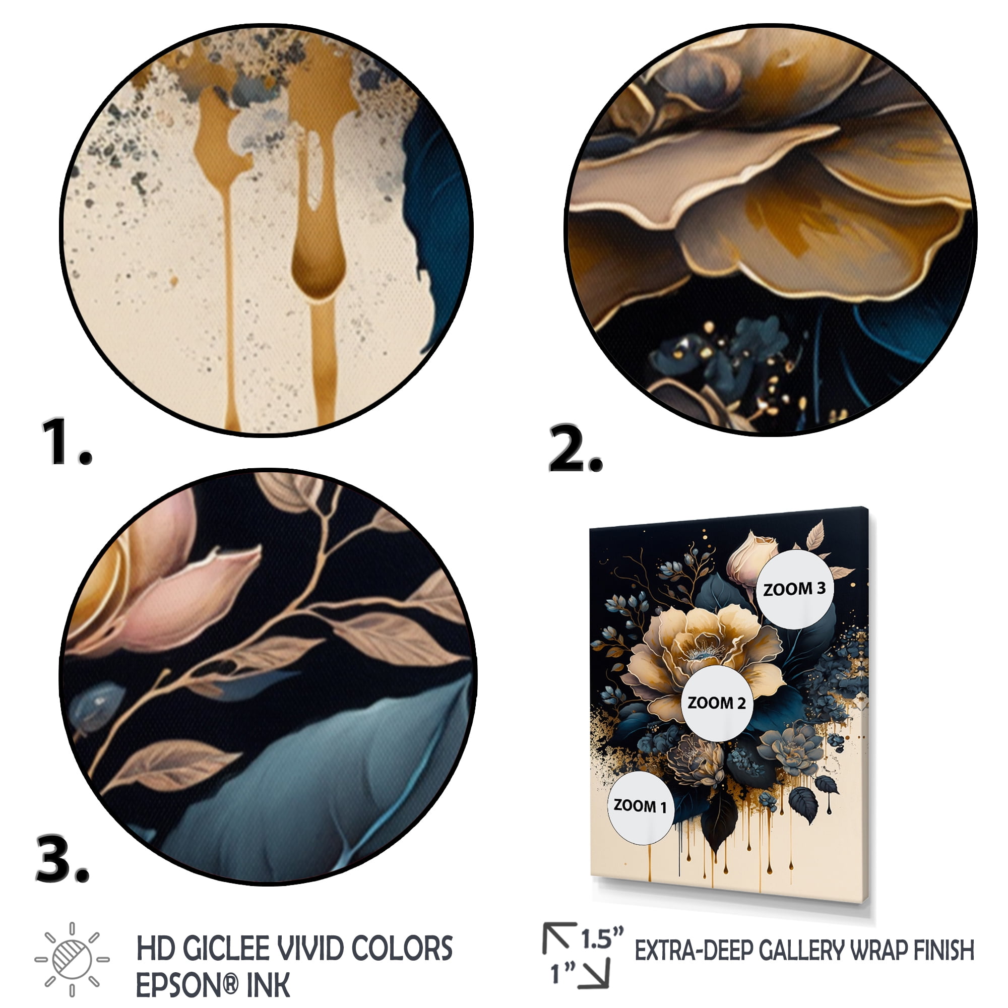 Designart Navy Blue And Gold Rose I Canvas Wall Art
