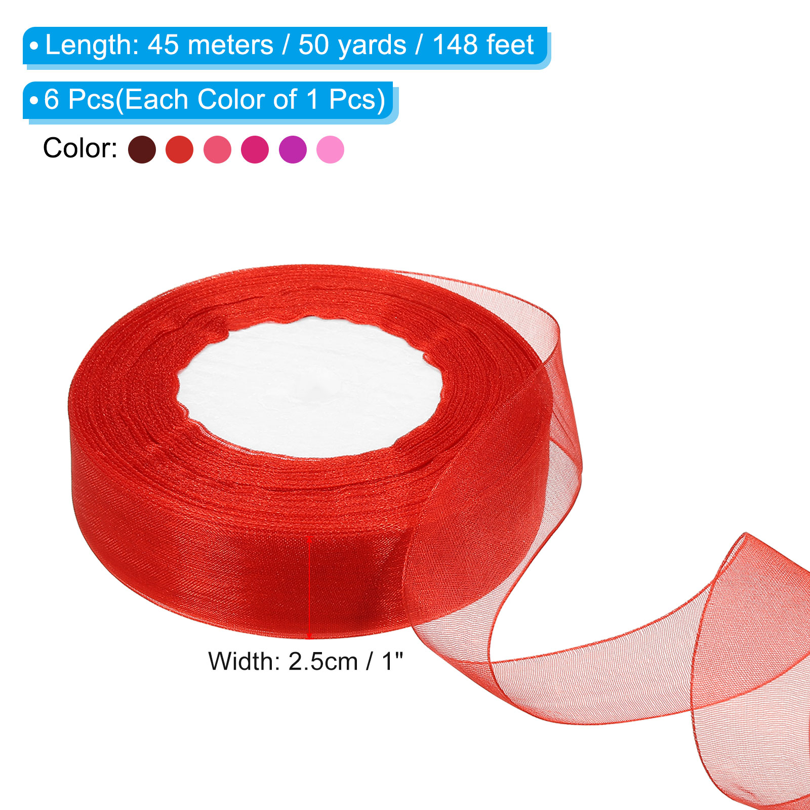 Uxcell 6Pcs 1 Inch x 50 Yard Organza Ribbon Pink/Red/Burgundy/Purple/Bright Red/Rose