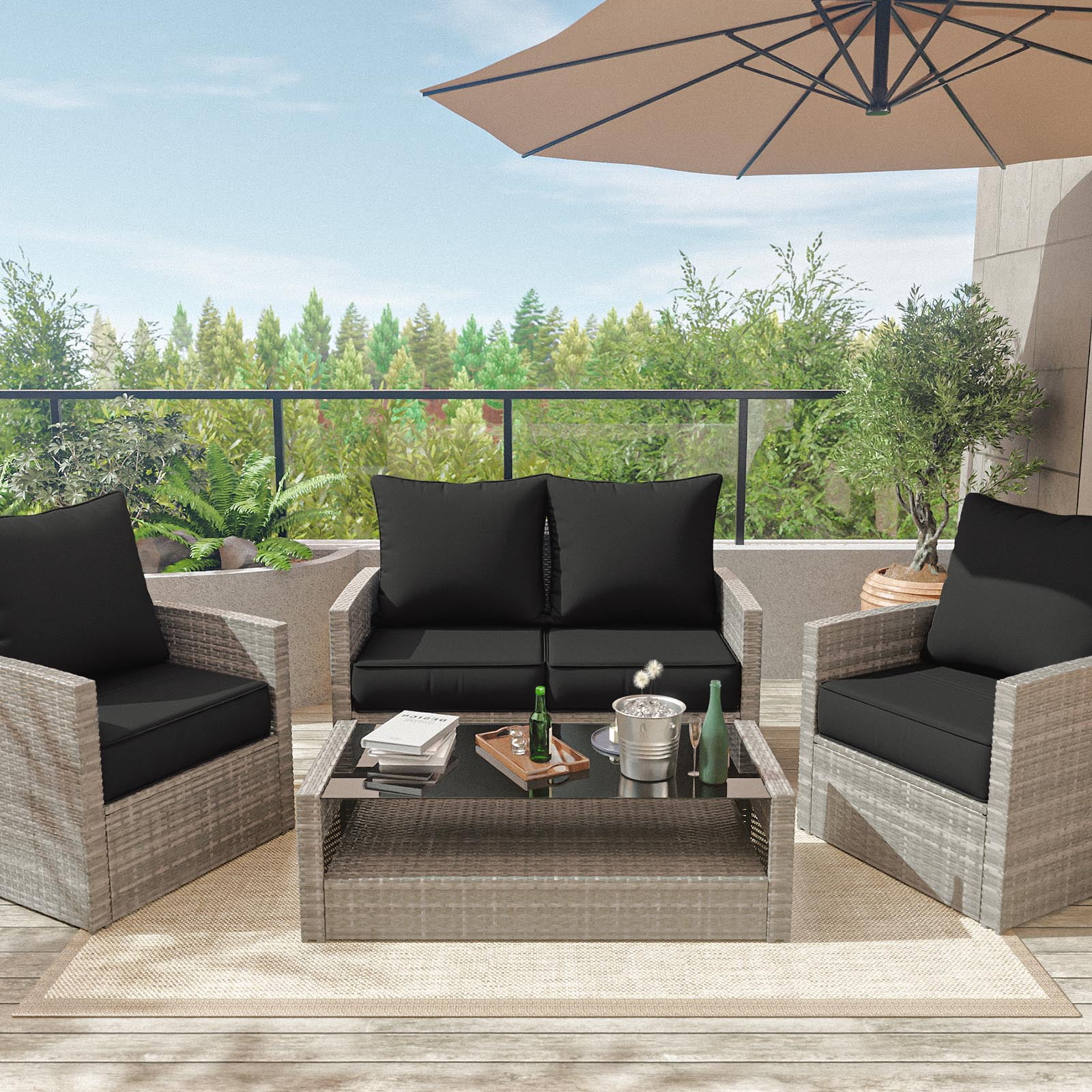 Snubbull Outdoor Deep Seat Cushion Set 24 X 24 X 6.5 Inch Splash-Proof & Fadeness Patio Furniture Cushions，Removable Outdoor Couch Cushions with Hidden Zipper & Adjustment Staps, Black