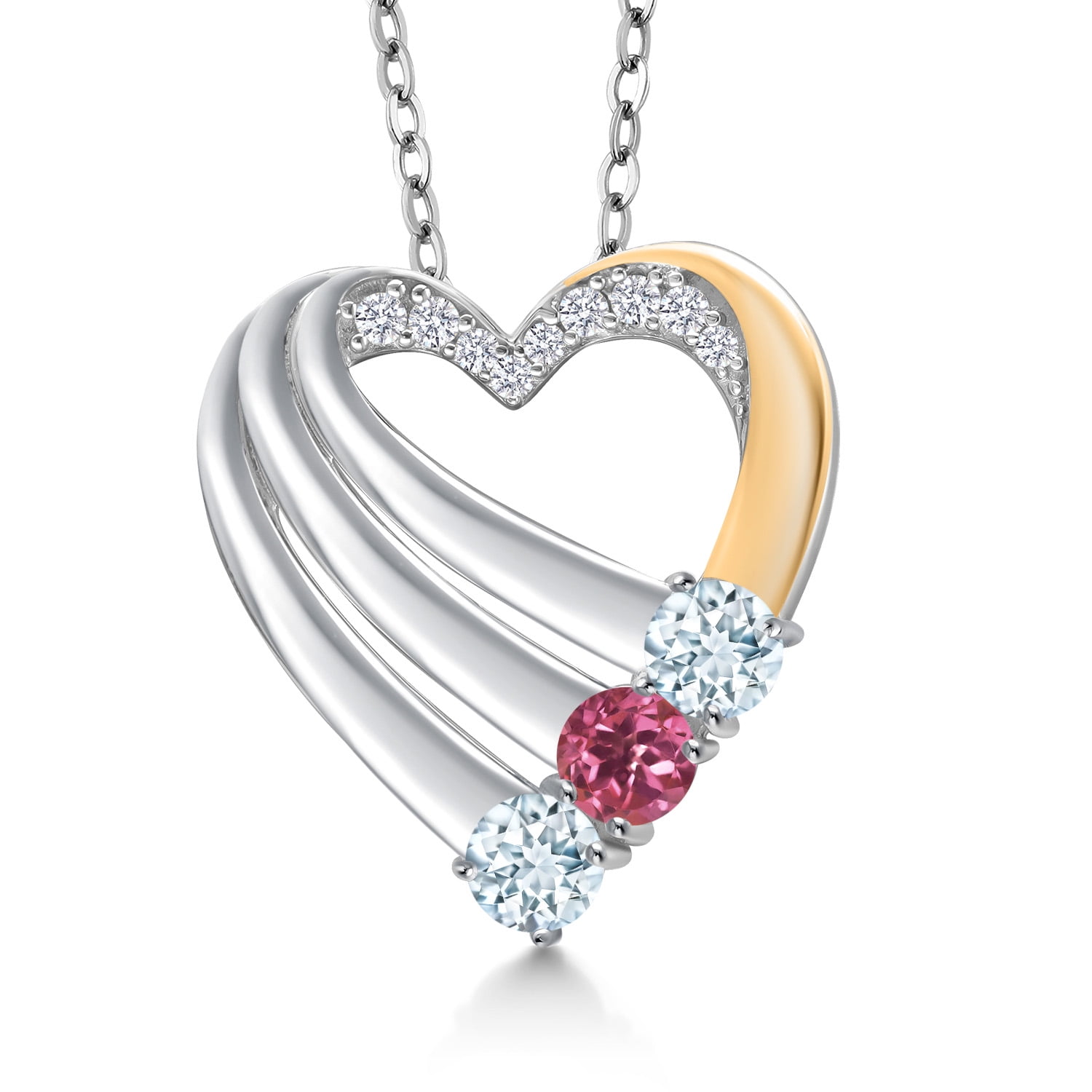 Gem Stone King 925 Silver and 10K Yellow Gold Sky Blue Aquamarine and Pink Tourmaline and White Lab Grown Diamond Heart Pendant for Women | 0.85 Cttw | Gemstone March Birthstone | With 18 inch Chain