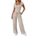 thumbnail image 2 of Women's Ribbed Two Piece Set, Square Neck Crop Top and High Waist Wide Leg Pants Set, Casual Summer Outfit with Side Pockets, Fashion Two Piece Outfit for Going Out Outfits Beige, 2 of 8