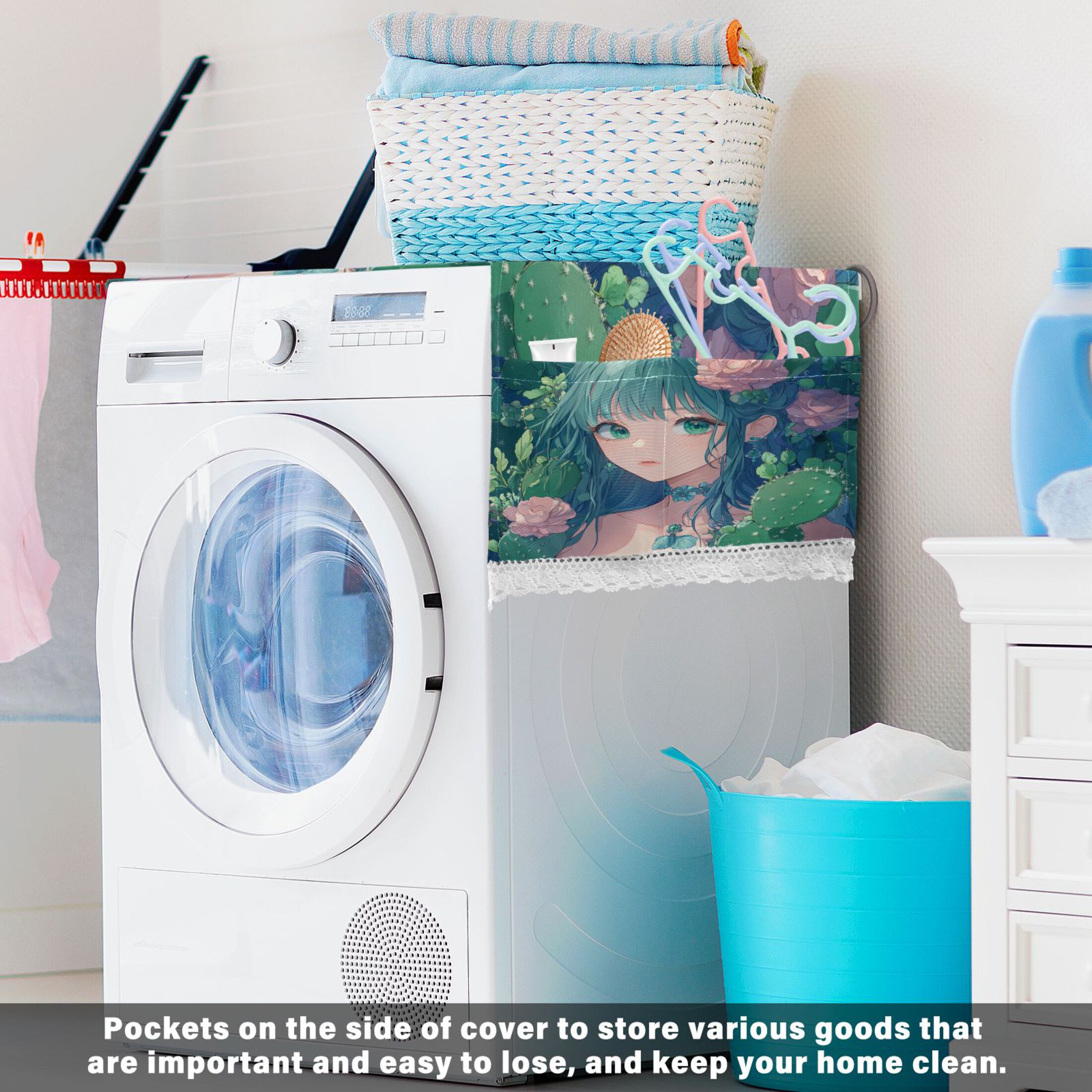 Anime Cactus GirlWasher and Dryer Covers Dust-Proof and Oil Resistant Fridge Cover with 4 Storage Pockets Washing Machine Top Cover for Laundry Kitchen Home 51.2 x 22 In