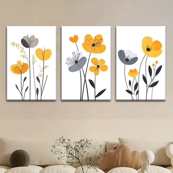 2D Flat, 3pcs Modern Minimalist Floral Canvas Wall Art - Mustard Yellow, Gray & Black Abstract Plant Posters - Frameless Vertical Hanging Decor for Living Room, Bedroom, Cafe - Contemporary Home Dec