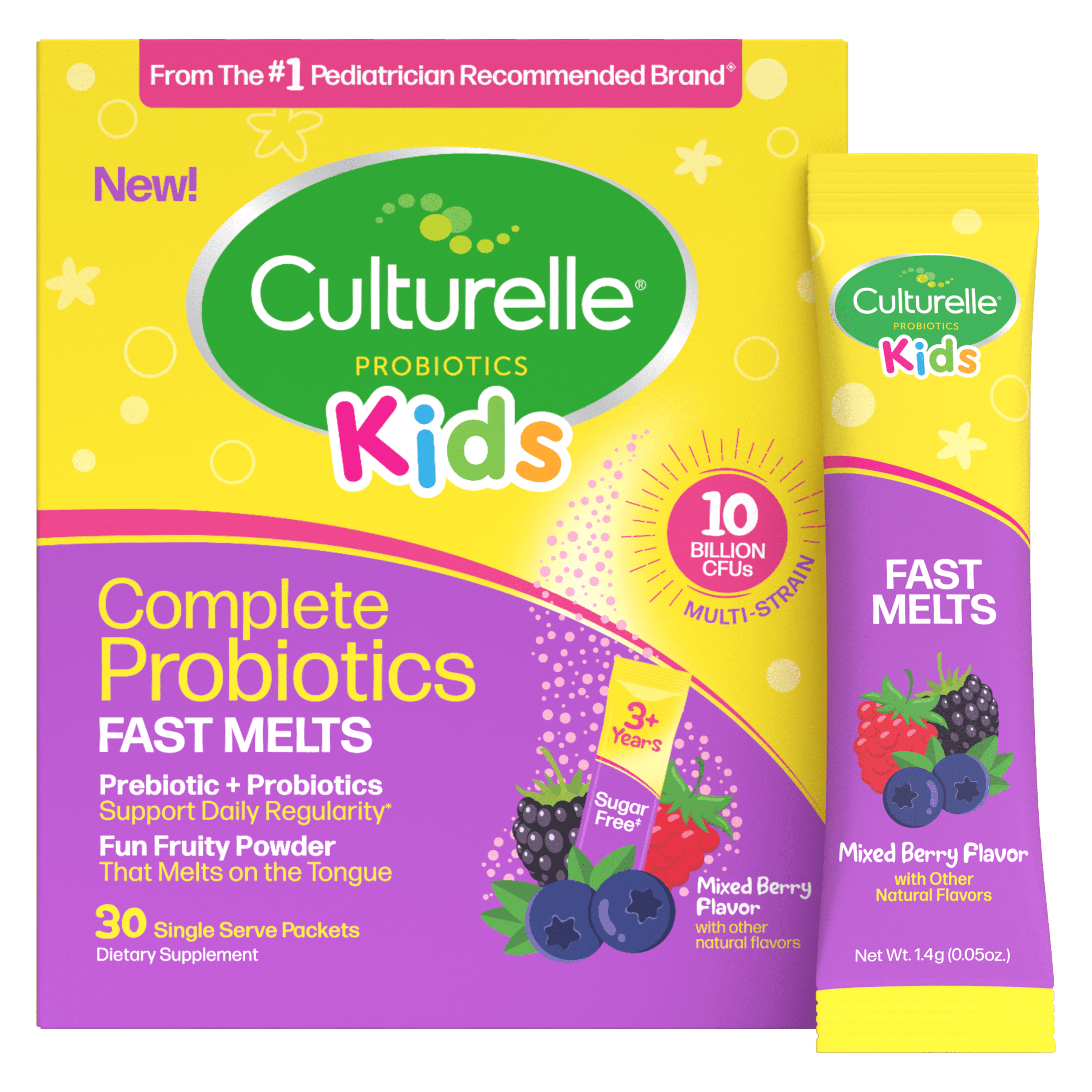 Culturelle Probiotics Kids Complete Probiotics Fast Melts Daily Supplement, Immunity & Digestion Support for Children, Mixed Berry Flavor, 30 Packets