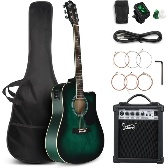 GLARRY Full Size 6 Strings Acoustic Electric Guitar Beginner Kit w/ 15W Amp, Cutaway 41 Inch Electric Acoustic Guitar w/Inbuilt Tuner, Bag, Strap, Picks, Strings, Basswood Guitarra, Distressed Green