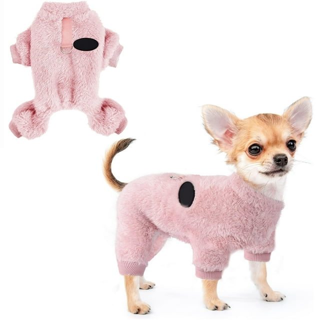 Pijamas para perros pequeños, suéter de invierno para perros con anillo de correa, ropa cálida de lana para cachorros, trajes para mascotas, color rosa, lindo perrito (rosa)