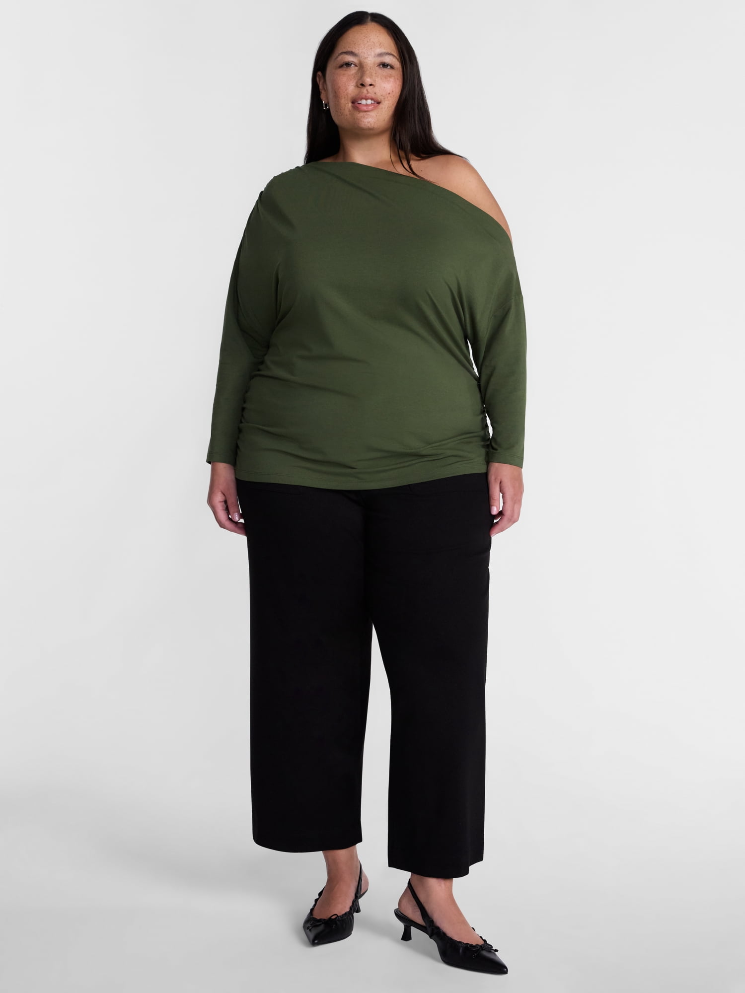 Terra & Sky Women’s Plus Asymmetrical Pleated One Shoulder Top with Long Sleeves, Sizes 0X-5X