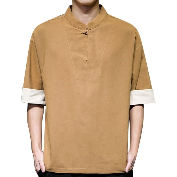 Camisas Negras Para Hombre Camiseta de manga corta de lino y algodón con cuello Retro para hombre, ropa Tang, placa con hebilla, camiseta informal de lino y algodón transpirable Hanfu para (Khaki, XL)