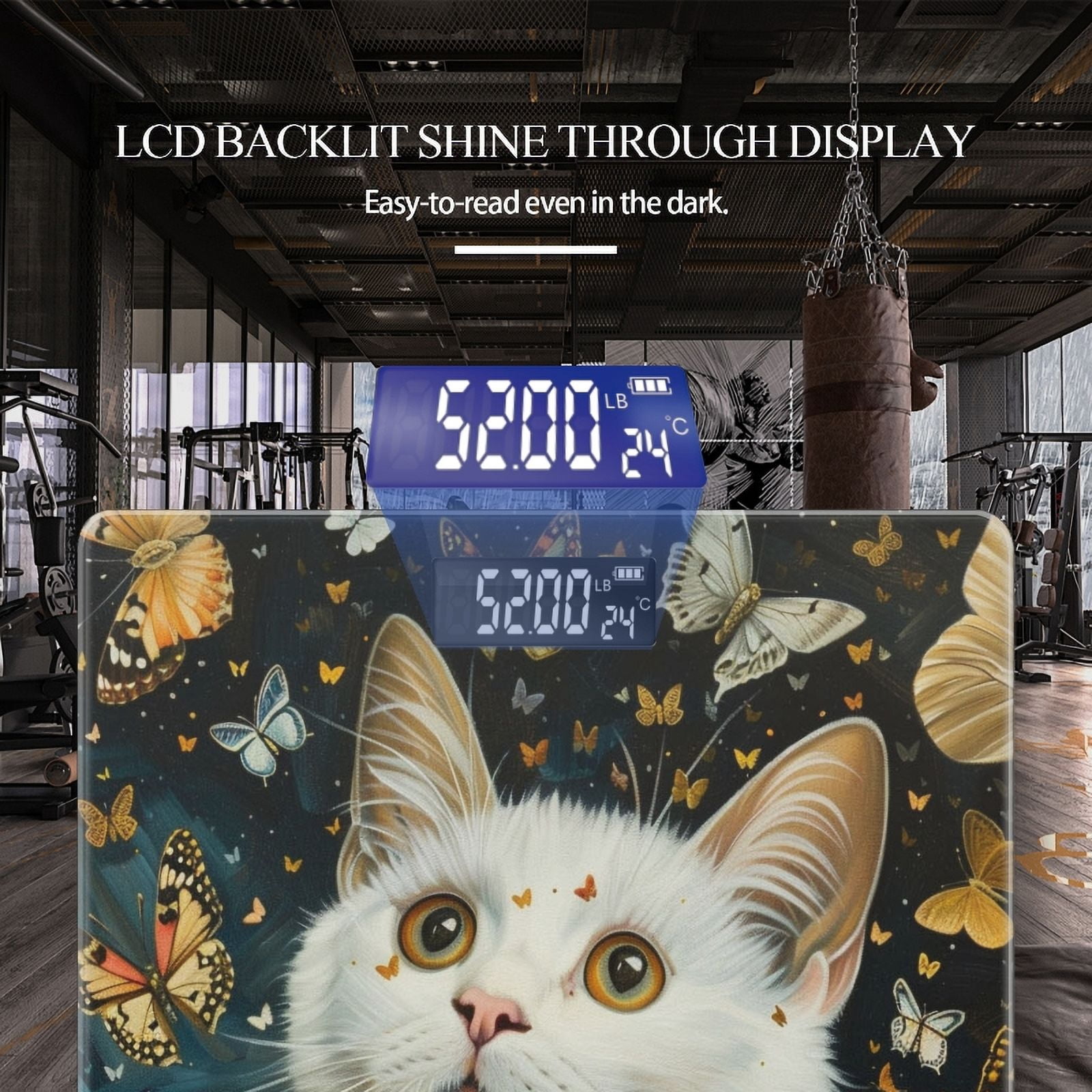 High Precision Body Weight Scale Smart Bathroom Scales with Large LCD Display(400lbs),Decorative for Bedroom-White Cat Surrounded By Butterflies Against Dark Background