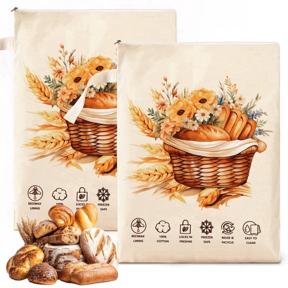 Sitlais Reusable Beeswax Bread Bags, 2 Pack Linen Storage Bags with Zipper for Sourdough, 17 x 13 inch