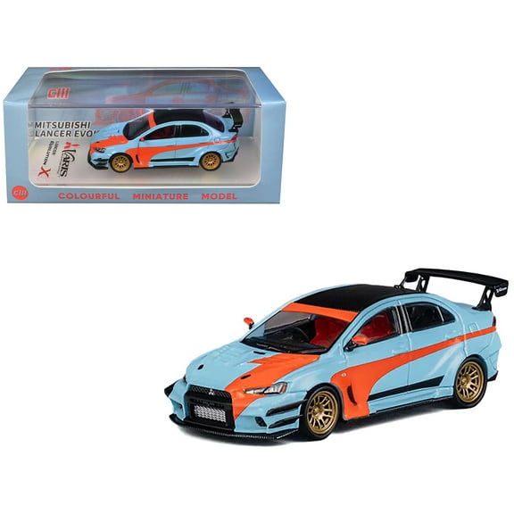 Mitsubishi Lancer Evolution X Varis RHD Light Blue with Black Top and Orange Stripes 1/64 Diecast Model Car by CM Model