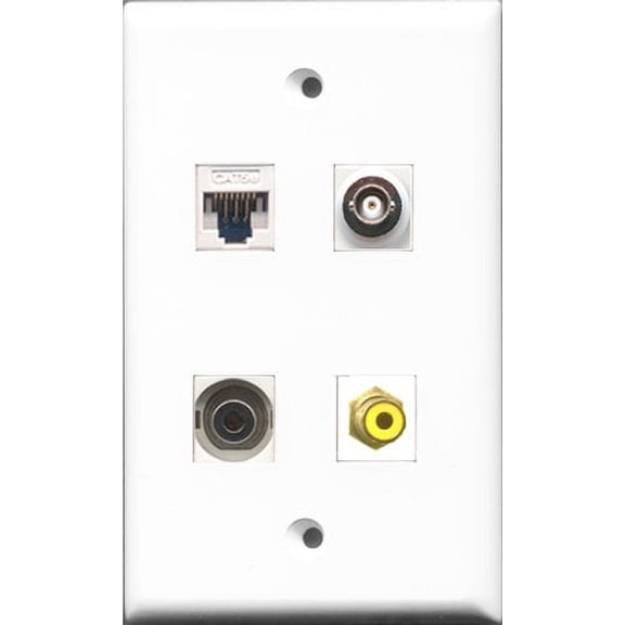 RiteAV - 1 Port RCA Yellow and 1 Port 3.5mm and 1 Port BNC and 1 Port Cat5e Ethernet White Wall Plate
