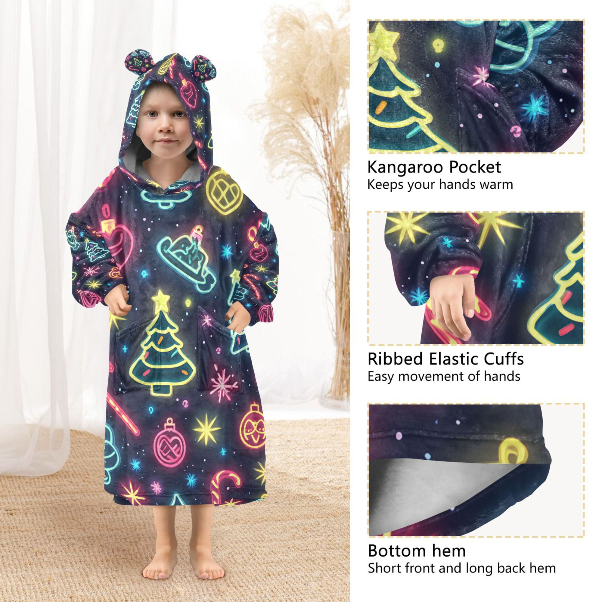 FORMRS Wearable Blanket Hoodie with Sleeves for Kids Cozy Flannel Sweatshirt, Neon Christmas