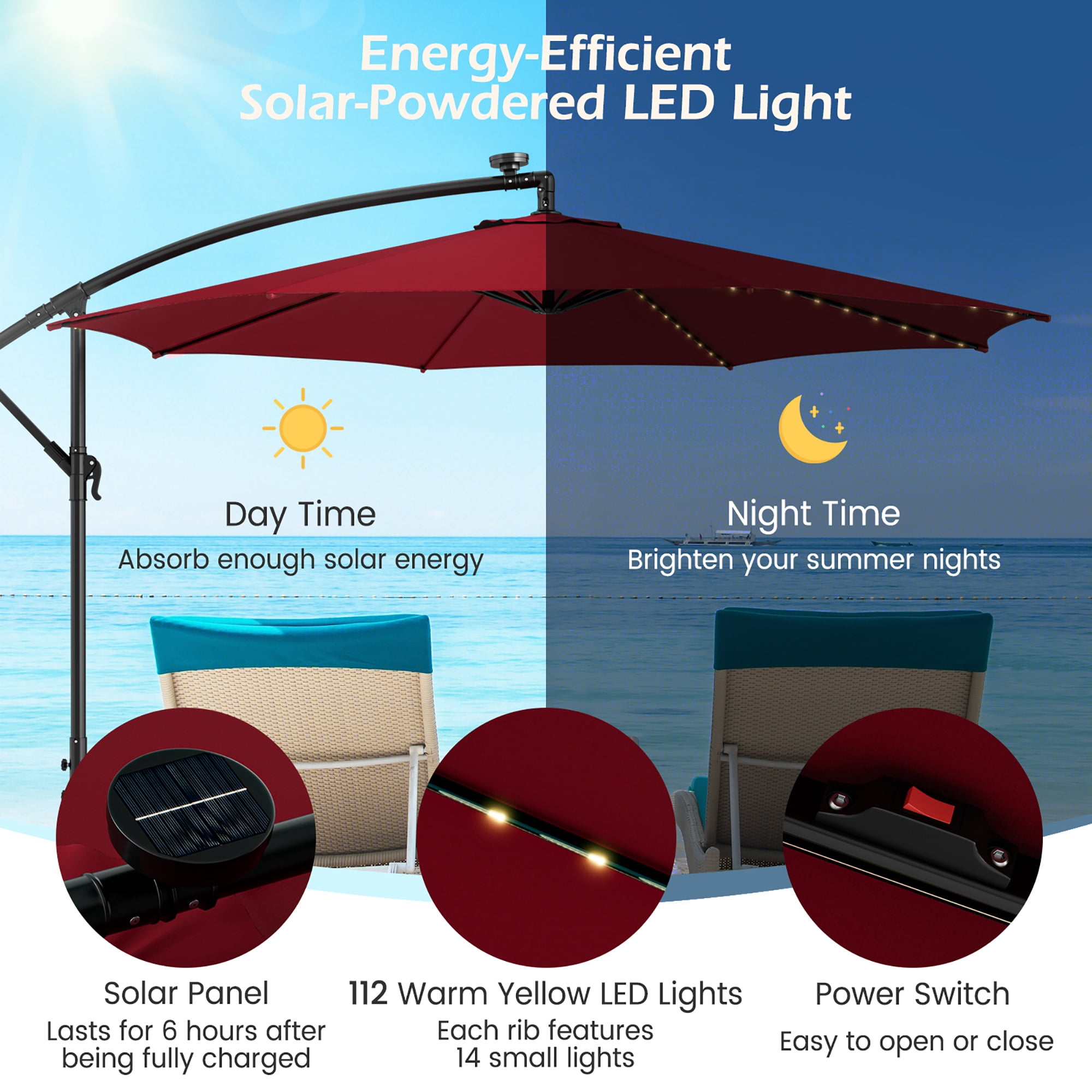 Costway 10ft Red Octagon Patio Solar-Lighted 112 LED Cantilever Offset Umbrella, Fade Resistant