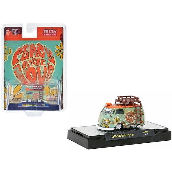 1960 Volkswagen Delivery Van Light Green w/Orange Top & Roofrack (Weathered) "Peace and Love" 1/64 Diecast Model by M2 Machines