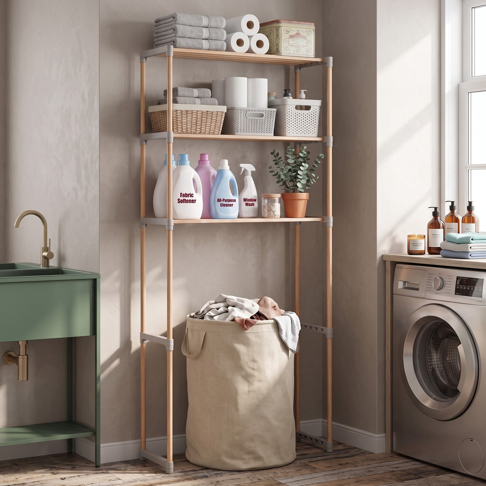 ALPULON Multi-Tier Over the Toilet Storage Rack with Open Shelves and Solid Pine Wood Frame for Bathroom and Laundry Room, Natural and Gray
