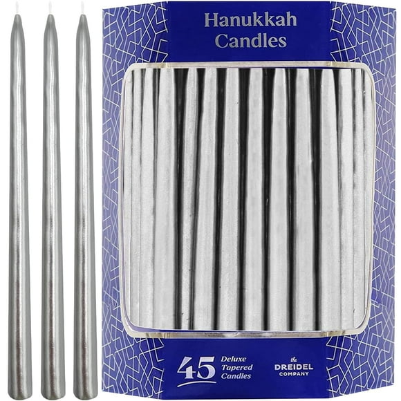 The Dreidel Company Dripless Silver Frosted Premium Tapered Hand Decorated Metallic Silver Hanukkah Candles
