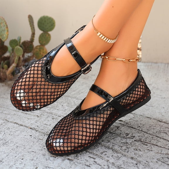 HTHLVMD Mesh Mary Jane Flats, Breathable Ballet Shoes, Women's Mesh Mary Jane Flats Breathable Woven Ballet Shoes Casual Buckle Strap Pointed Toe Dress Shoes Lightweight Loafers, Black 5.5