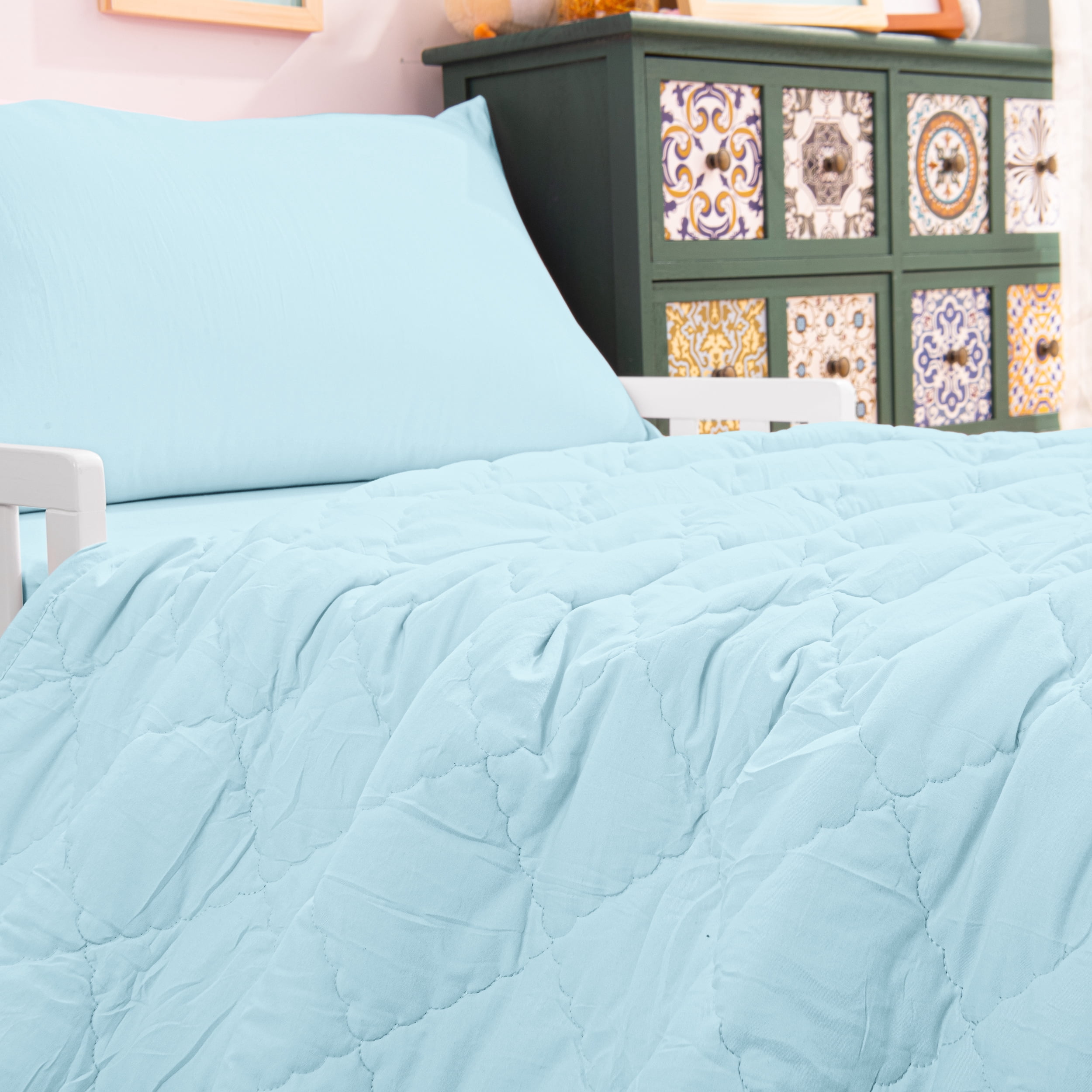 Ntbay 4 Piece Microfiber Toddler Bedding Set, Ultra Soft and Breathable Crib Sheet Set, Includes Quilted Comforter, Fitted Sheet, Flat Top Sheet and Envelope Pillowcase, Aqua Blue