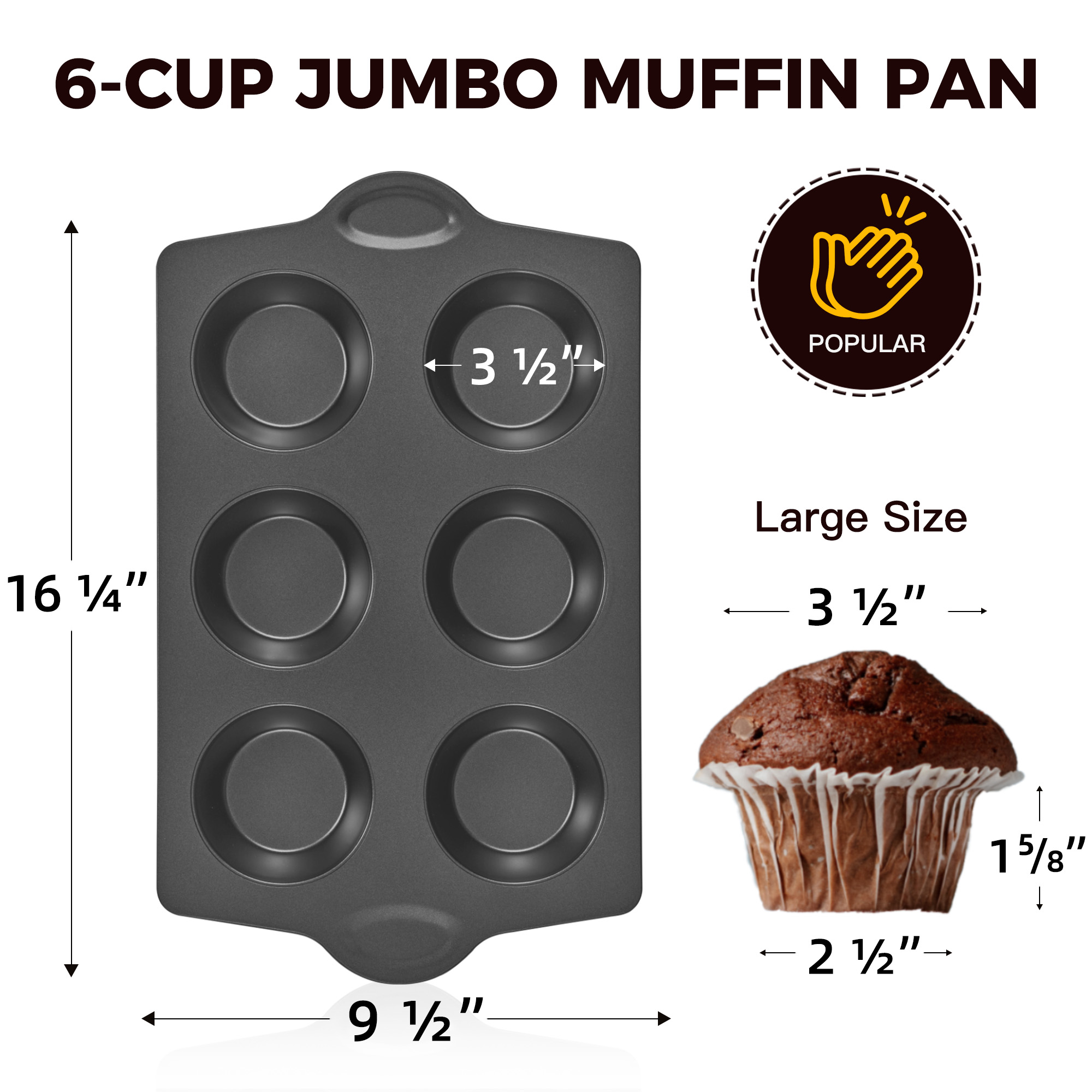 HONGBAKE Nonstick Jumbo Muffin Pan, 2 Pack Large Cupcake Tin for Baking, Cup Cake Tray, 3.5dia, 6 Cup, Premium, Extra Thick, Dishwasher Safe