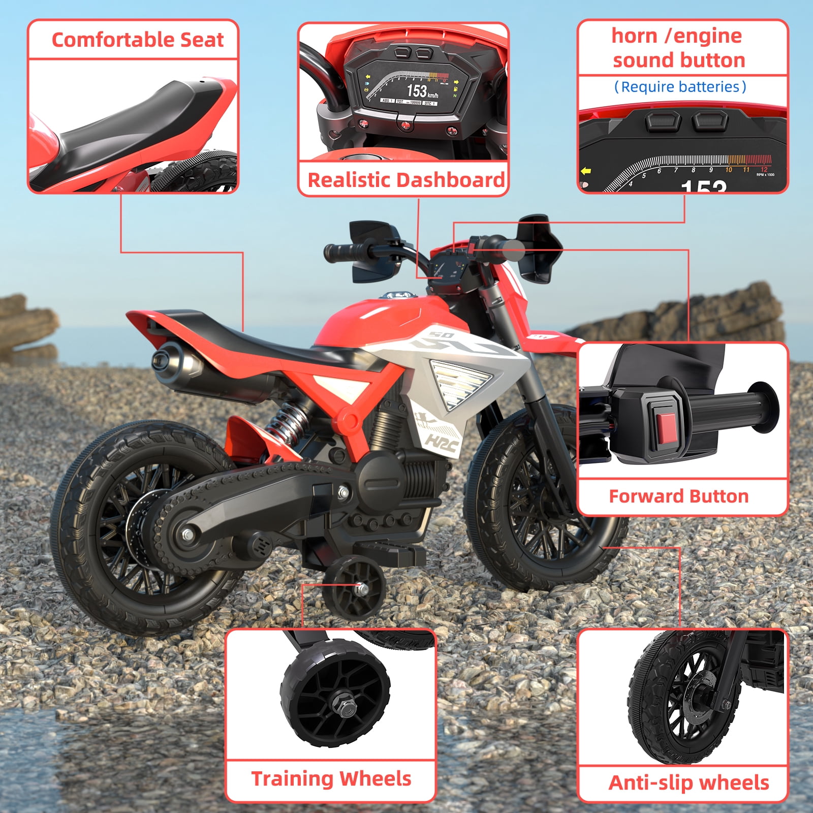 GLAF Kids Motorcycle, 12V Electric Toddler Motorcycle Ride On Toy w/Training Wheels, Spring Suspension, Battery Powered motorbike for Boys Girls, Red