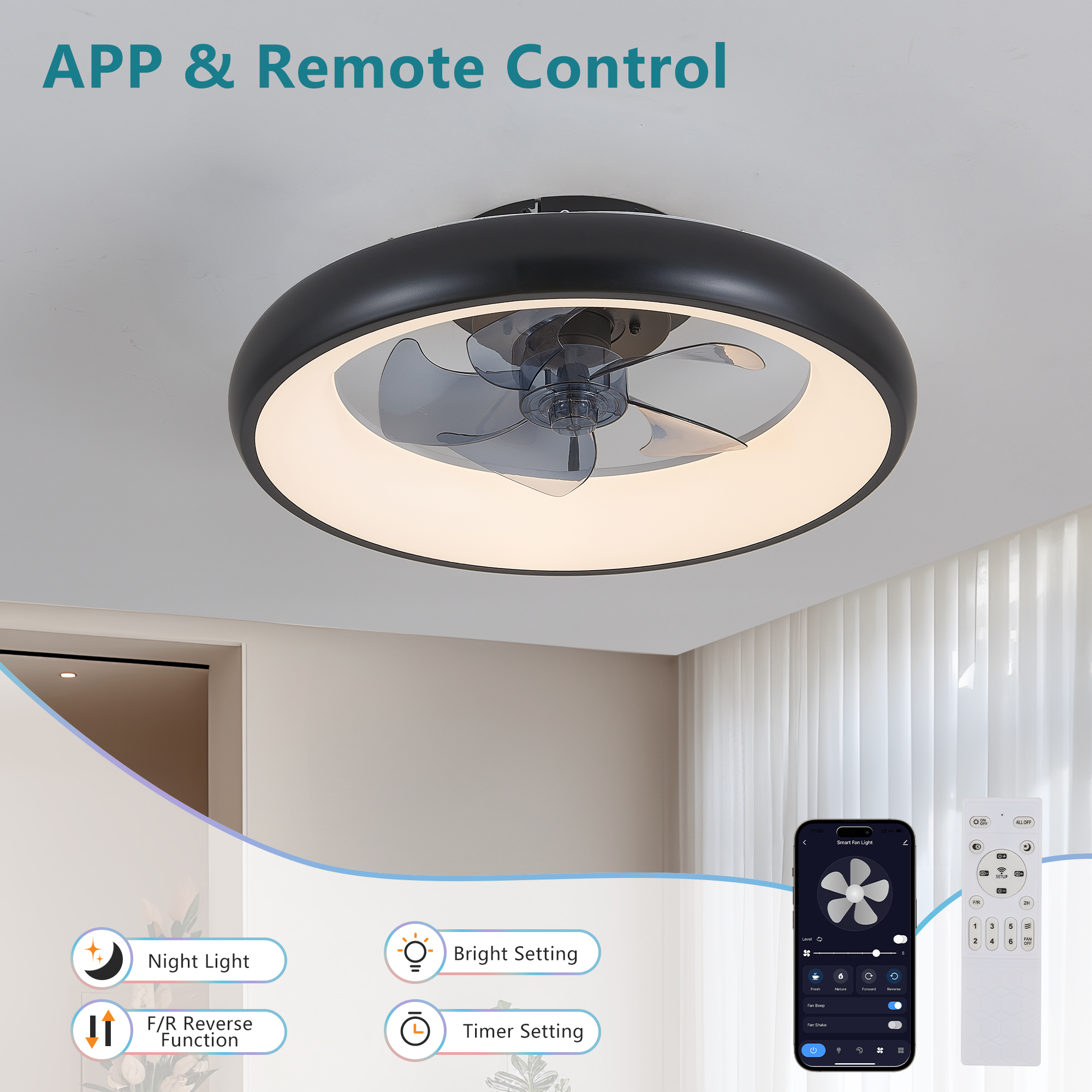 Leumius 20" Black LED Ceiling Fan Light, Dimmable & Adjustable Color Temperature, APP & Remote Control, Modern Smart Ceiling Fan for Living Room, Bedroom and Dining Room