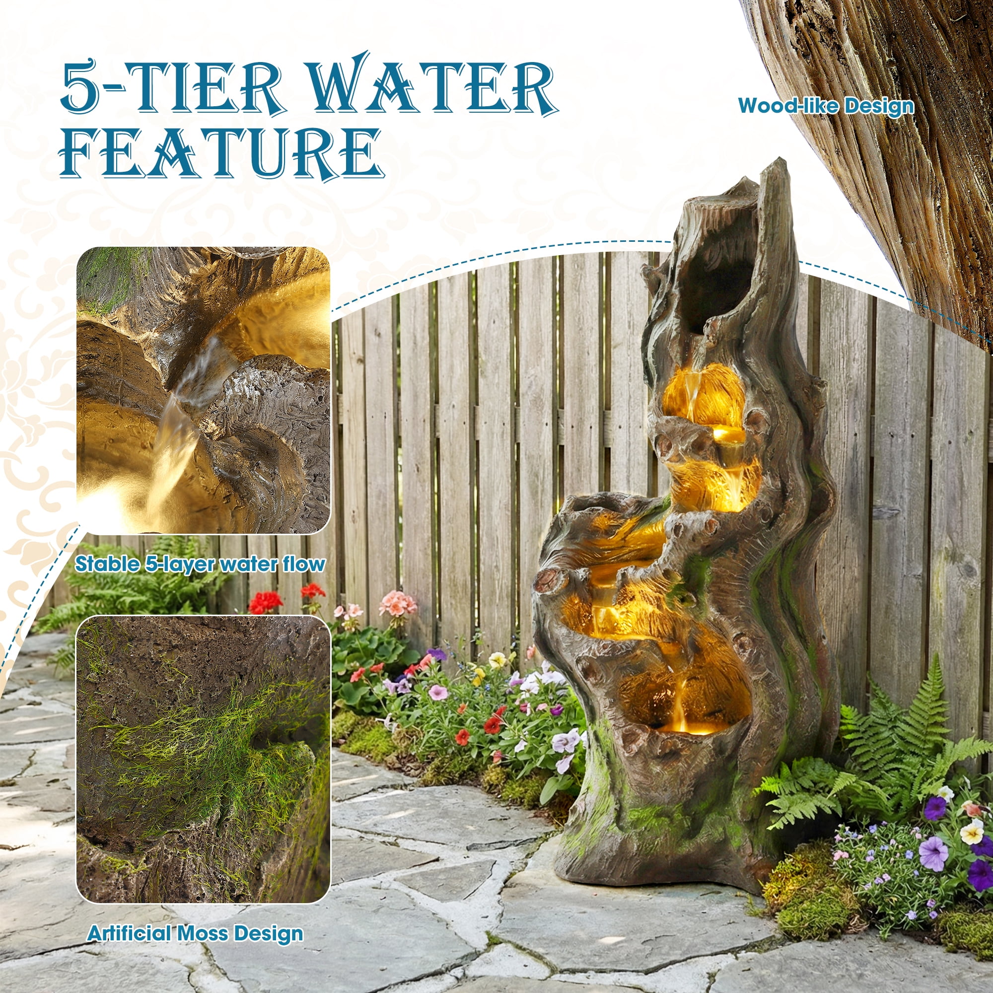 Haverchair 40''H Cascading Rock Water Fountain, 6-Tier Outdoor Garden Waterfall with Flower Pot & Lights, Indoor Water Feature Tree Trunk Look Decor for Garden, Patio, Backyard, Porch Home Art Decor