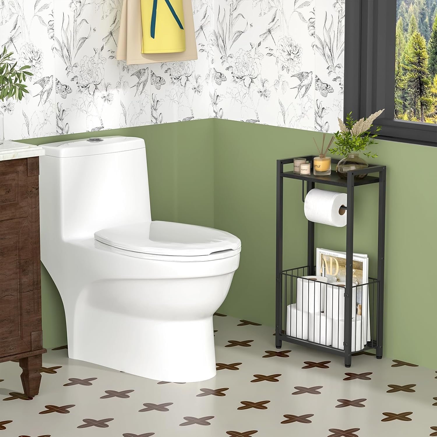 Freestanding Toilet Paper Holder with Storage Shelf – Bathroom Tissue Stand with Space for Phone, Tablet, and Magazines – All-in-One Toilet Roll Dispenser and Organizer