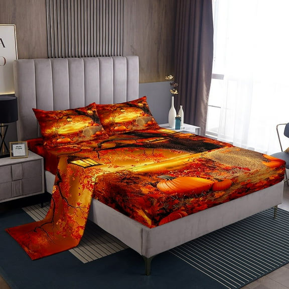 Manfei Orange Pumpkin Sheet Set Twin,Maple Leaf Bedding Sets Twin Size,Thanksgiving Day Twin Sheet Sets,Super Cozy Autumn Bedroom Decoration,3pcs