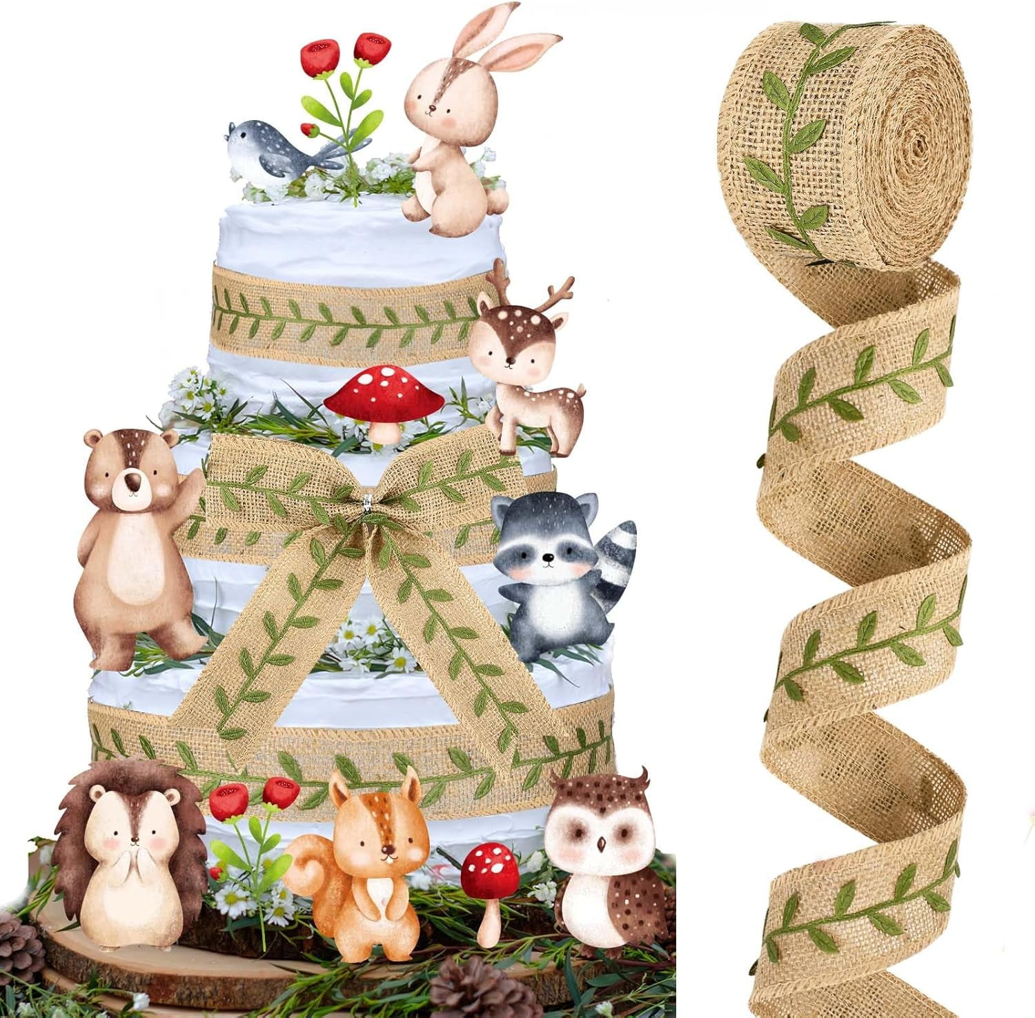 Dalrosia 4PCS Cake Burlap Ribbon Green Leaf Woodland Theme Cake Safari Ribbon for Jungle Baby Shower Party Wrapping Decorations